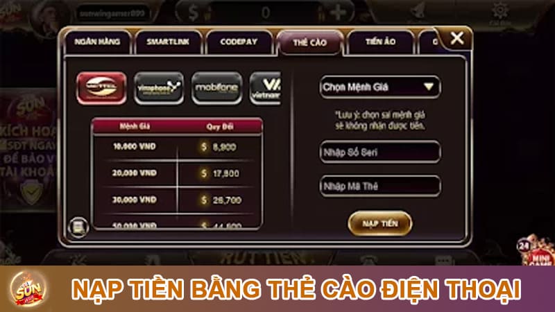 Hướng dẫn nạp tiền bằng thẻ cào điện thoại tại cổng game Sunwin